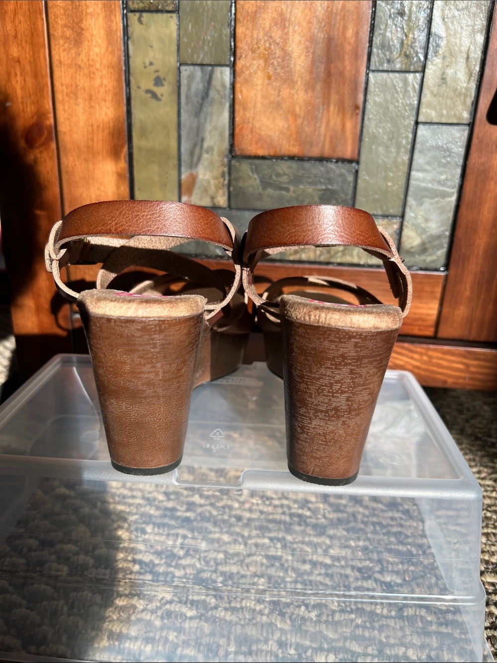 POP Canyon Wedge Brown Leather-Look Crossover Strap Sandals - Picture 7 of 8